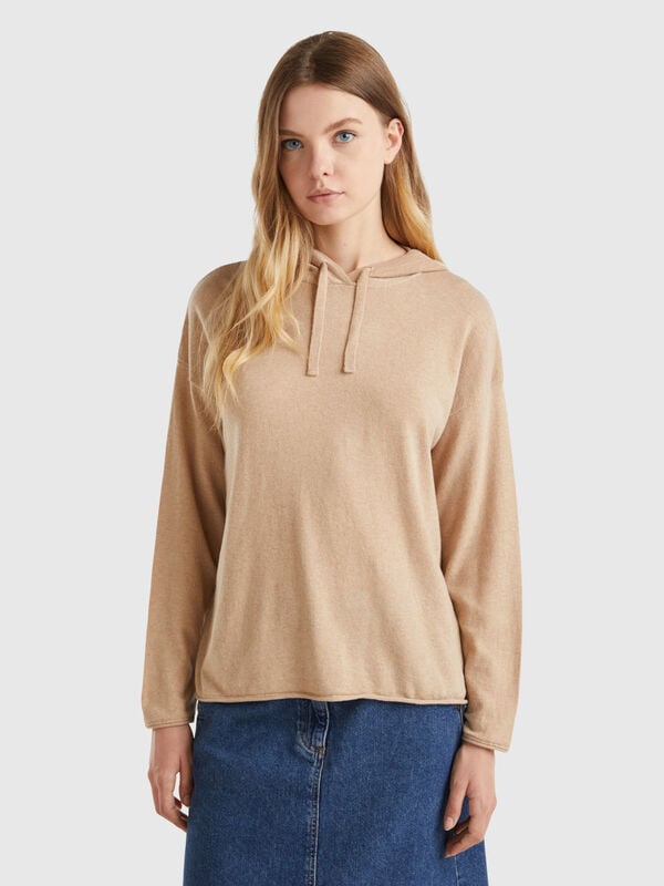 Maglia beige misto cashmere con cappuccio Donna