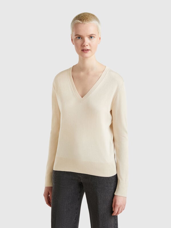 Maglia con scollo a V in misto seta Donna