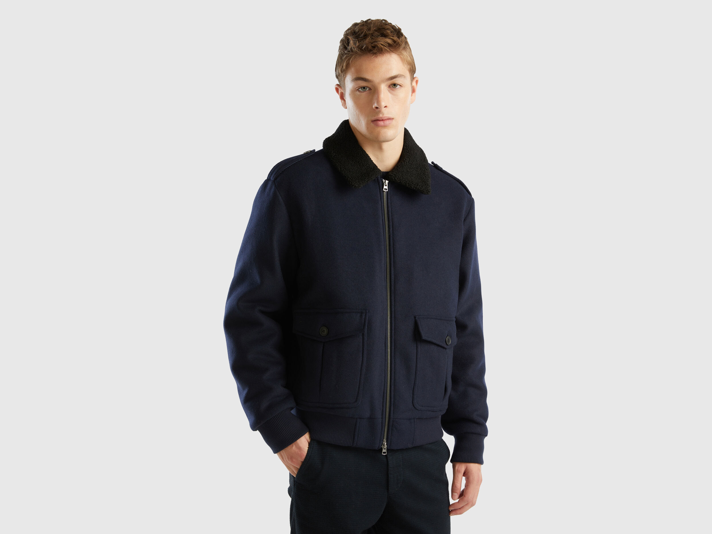 Bomber imbottito in misto lana Blu Scuro Uomo Benetton