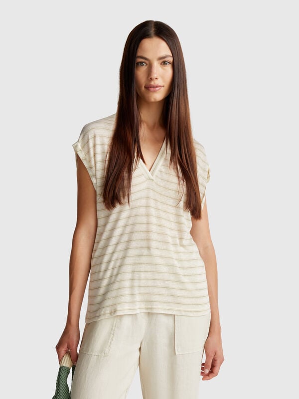 Maglietta a righe in misto lino Donna