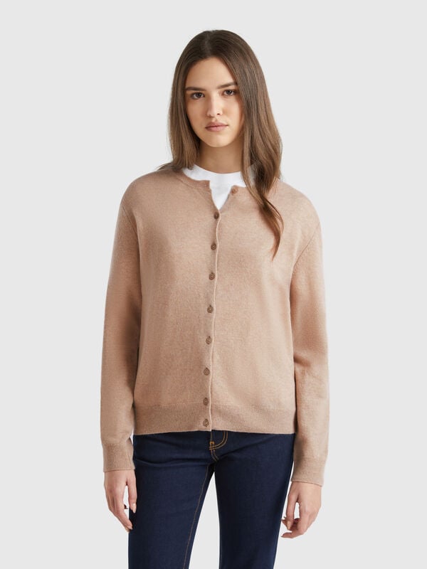 Cardigan girocollo beige in pura lana Merino Donna