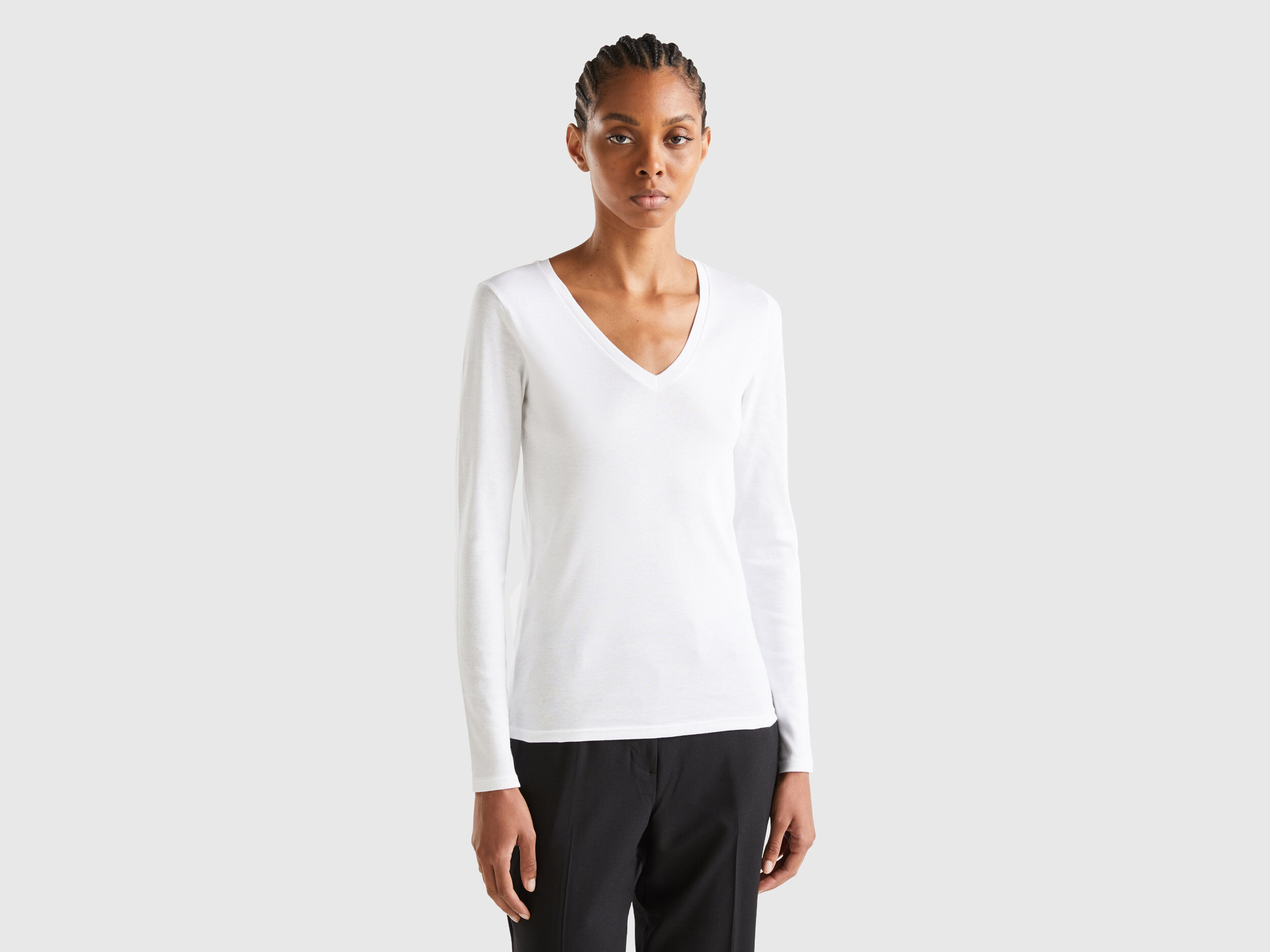 T shirt a manica lunga con scollo a V Bianco Donna Benetton