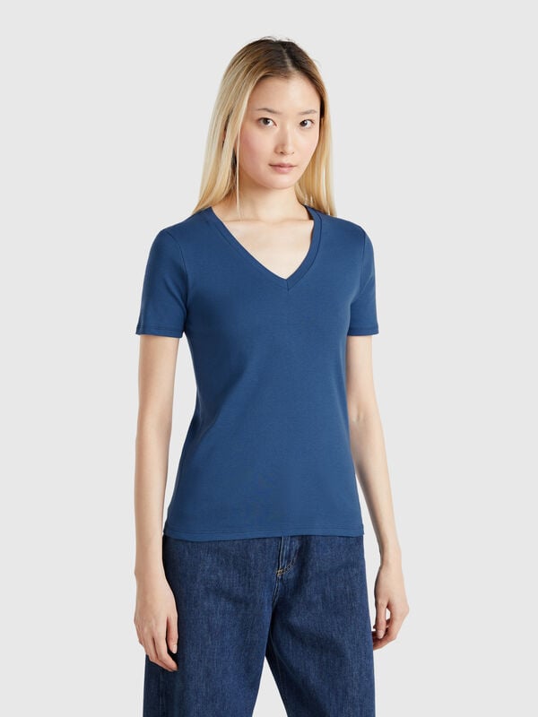 T-shirt avio in puro cotone con scollo a V Donna