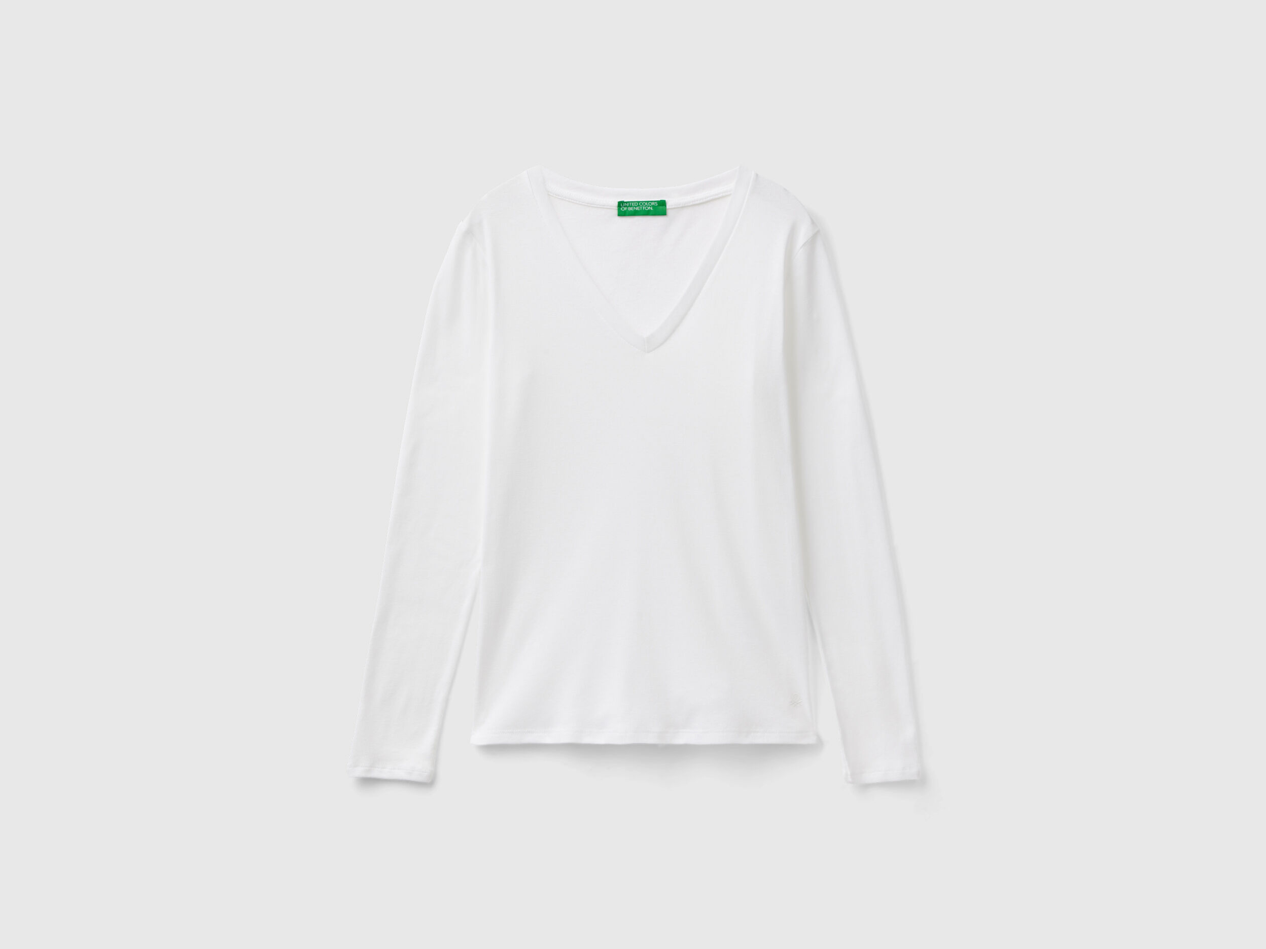 T shirt a manica lunga con scollo a V Bianco Benetton