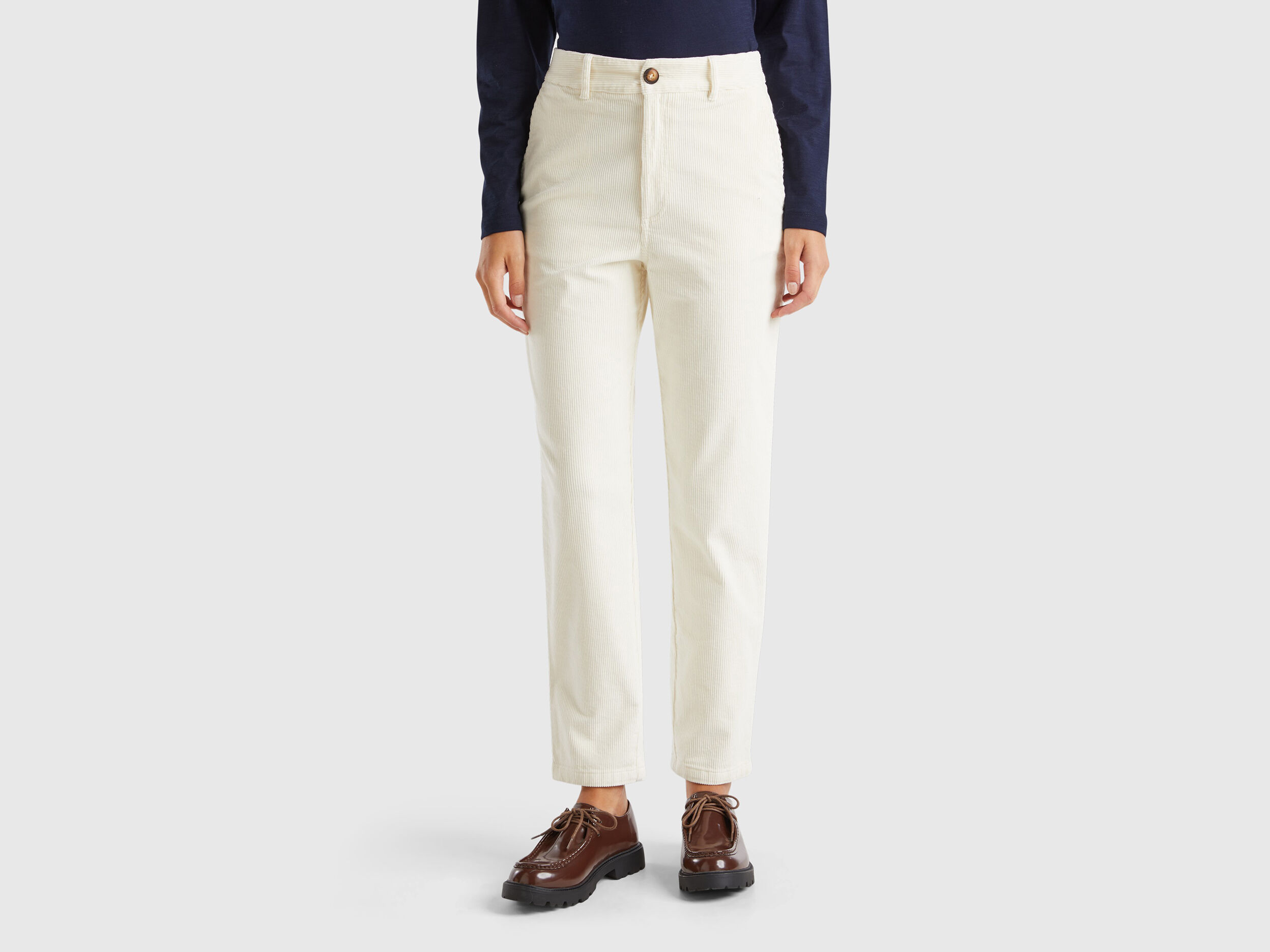 Pantaloni morbidi in velluto a coste Bianco Panna Benetton