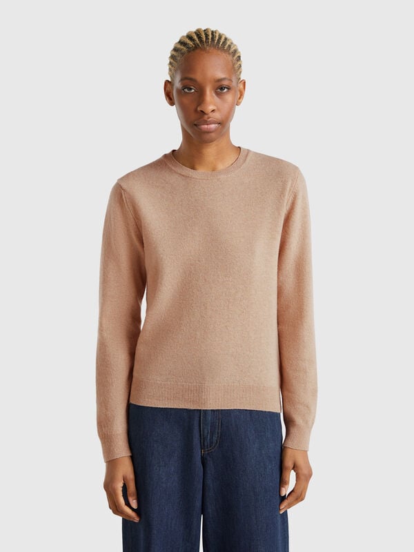 Maglia girocollo beige in lana Merino Donna