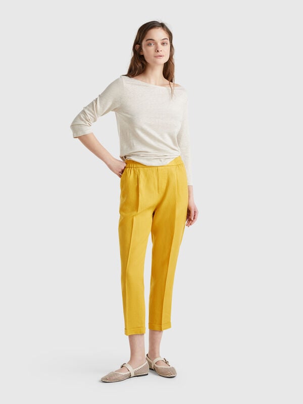 Pantaloni cropped in 100% lino Donna