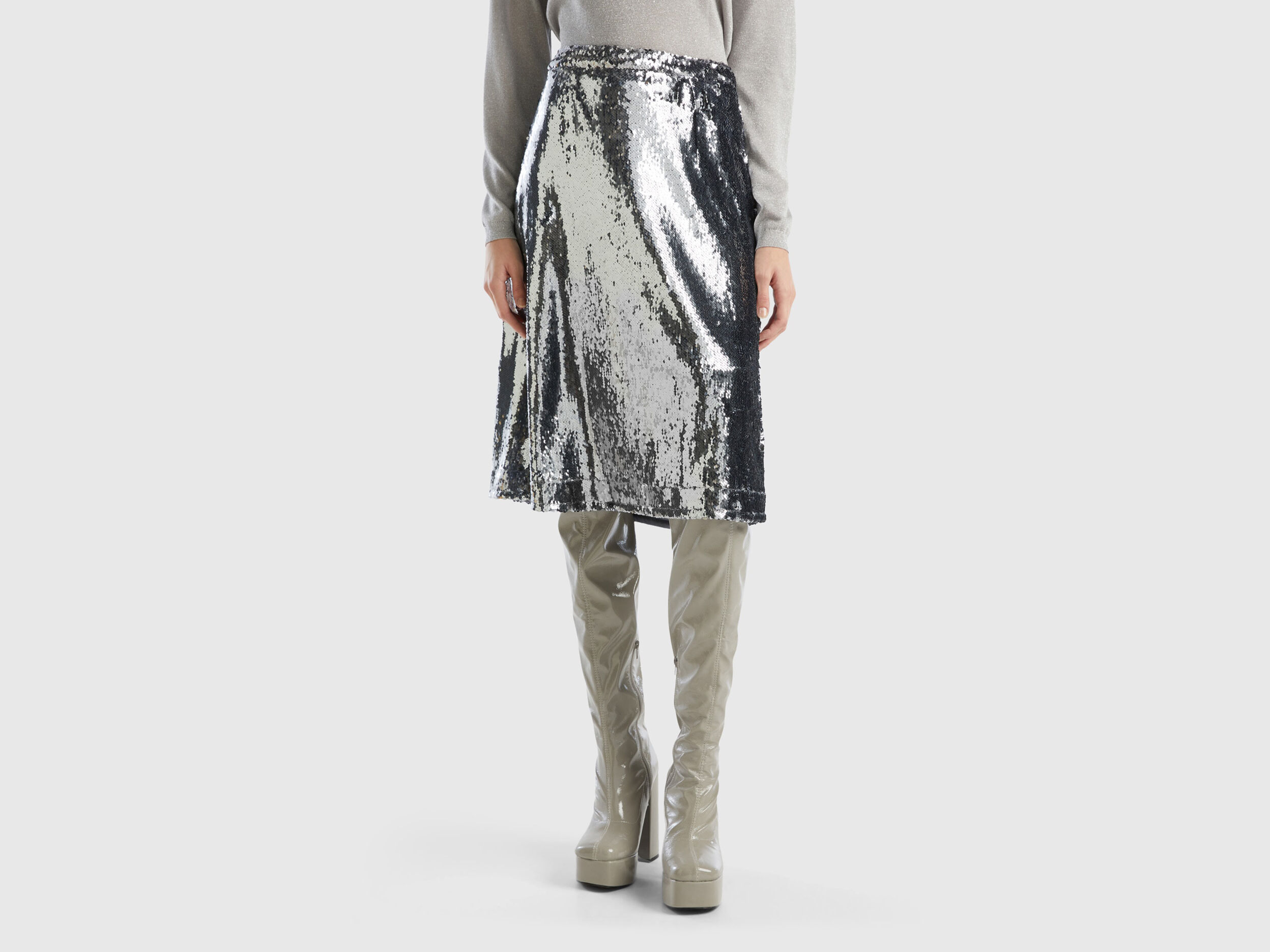 Gonna midi con paillettes Argento Donna Benetton