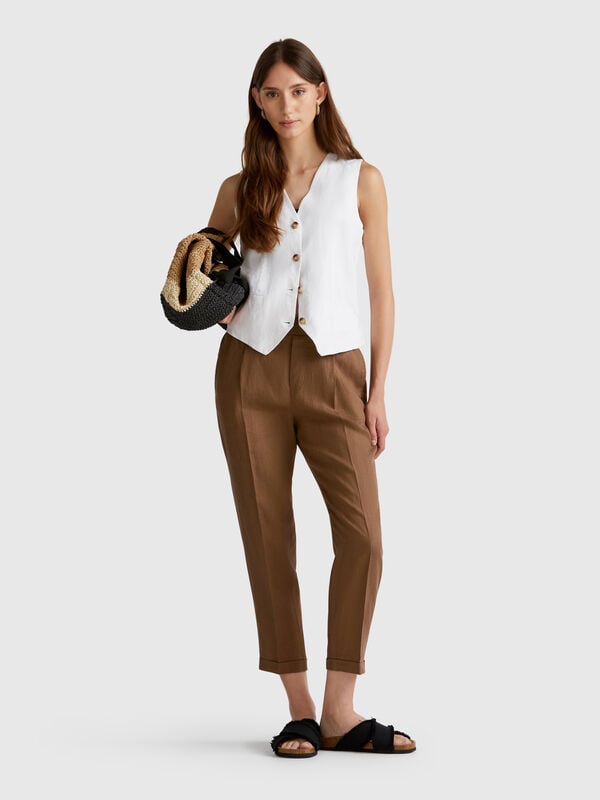 Pantaloni regular fit in puro lino Donna