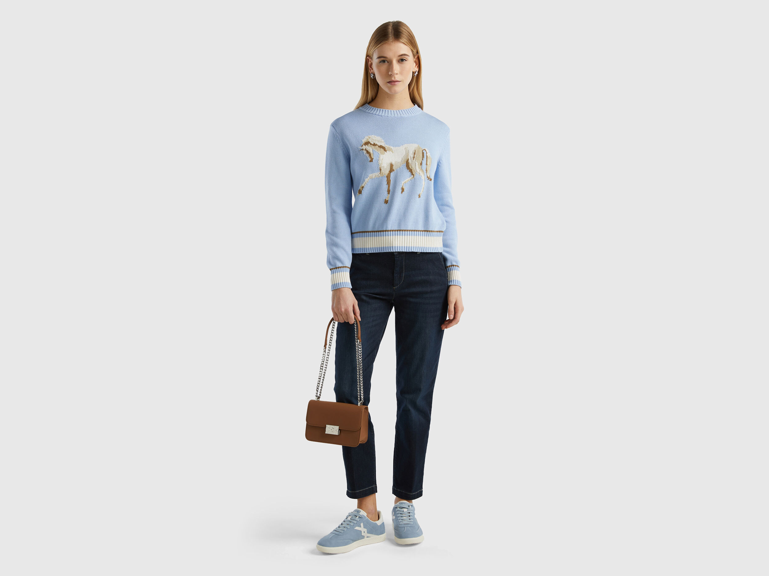 Maglia con intarsio cavallo Celeste Donna Benetton