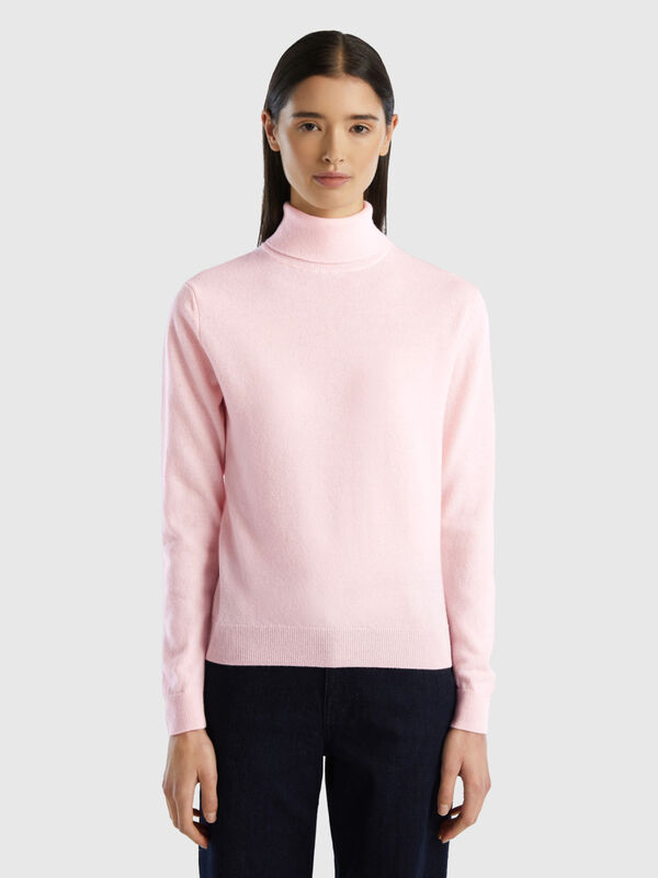 Maglione dolcevita rosa chiaro in pura lana Merino Donna