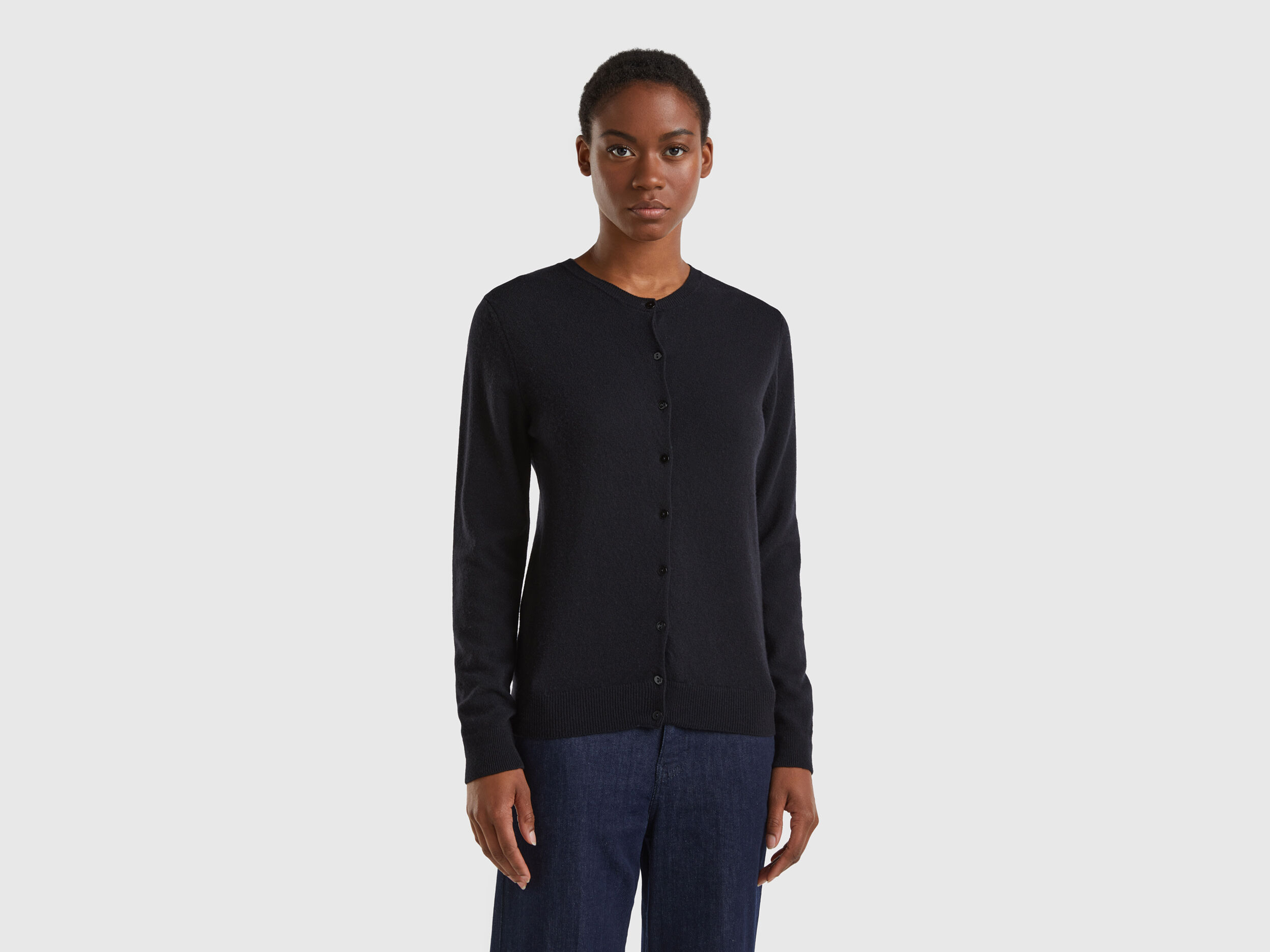 Cardigan girocollo nero in pura lana Merino Nero Donna Benetton