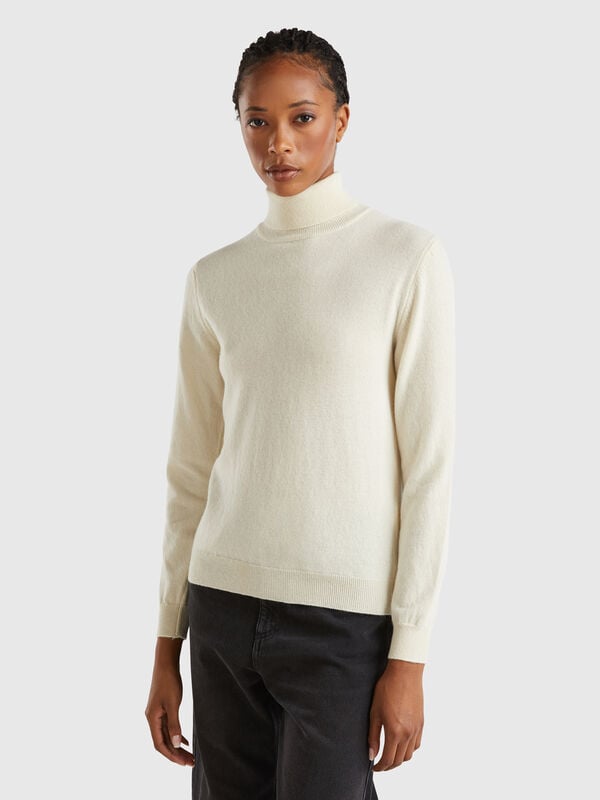 Maglione dolcevita panna in pura lana Merino Donna