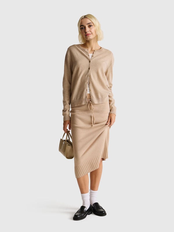 Cardigan girocollo beige in pura lana Merino Donna