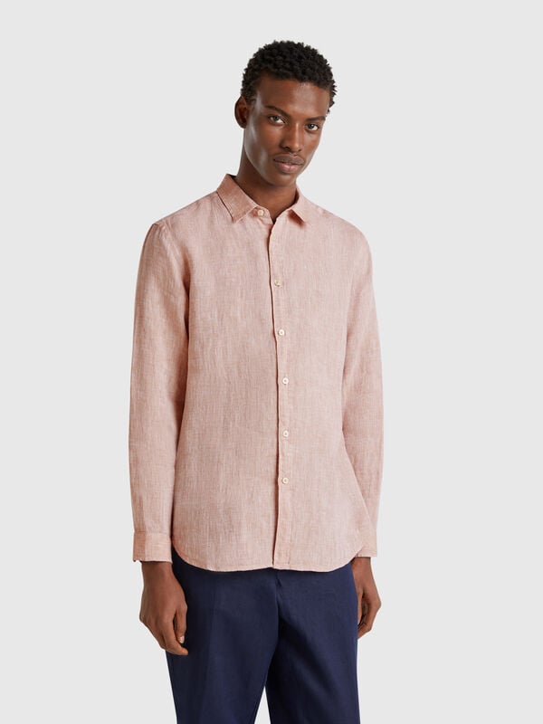 Camicia beige fantasia in puro lino Uomo