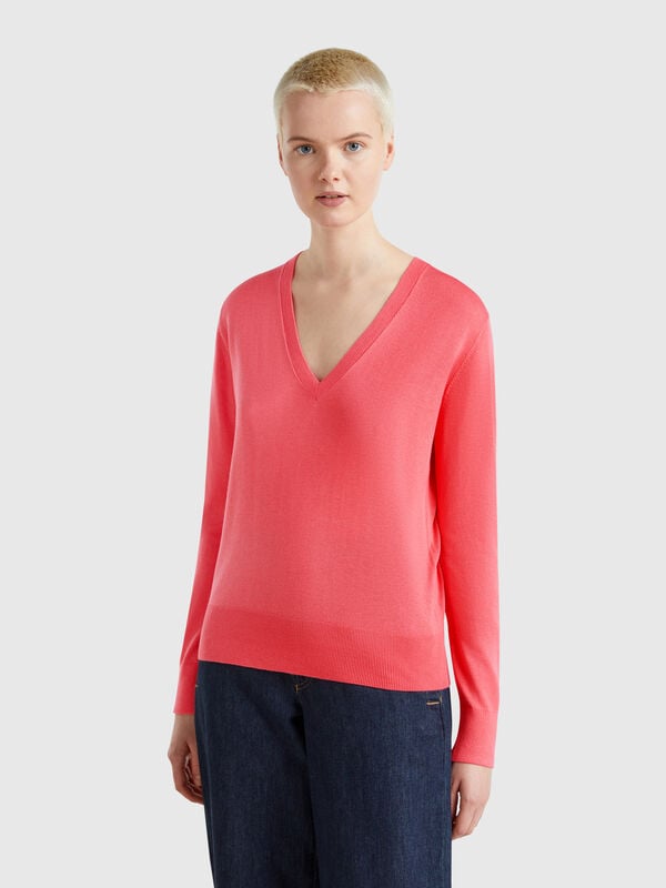 Maglia con scollo a V in misto seta Donna