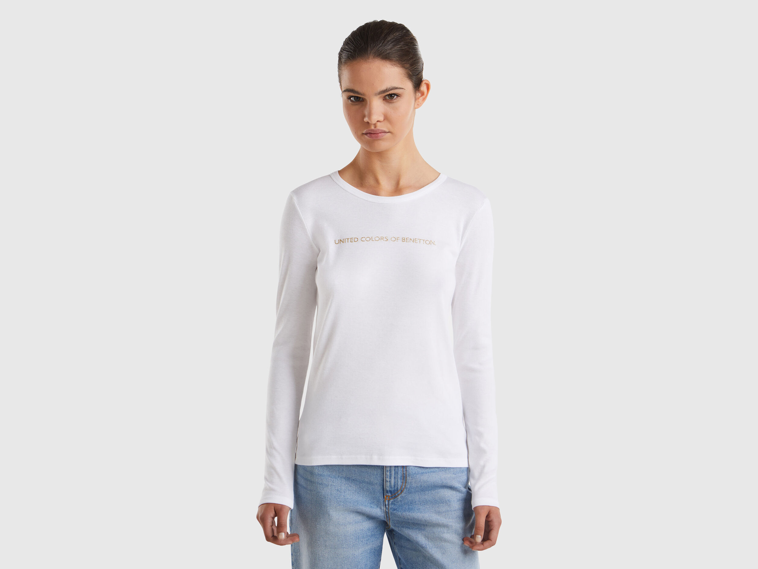 T shirt bianca a manica lunga 100 cotone Bianco Benetton