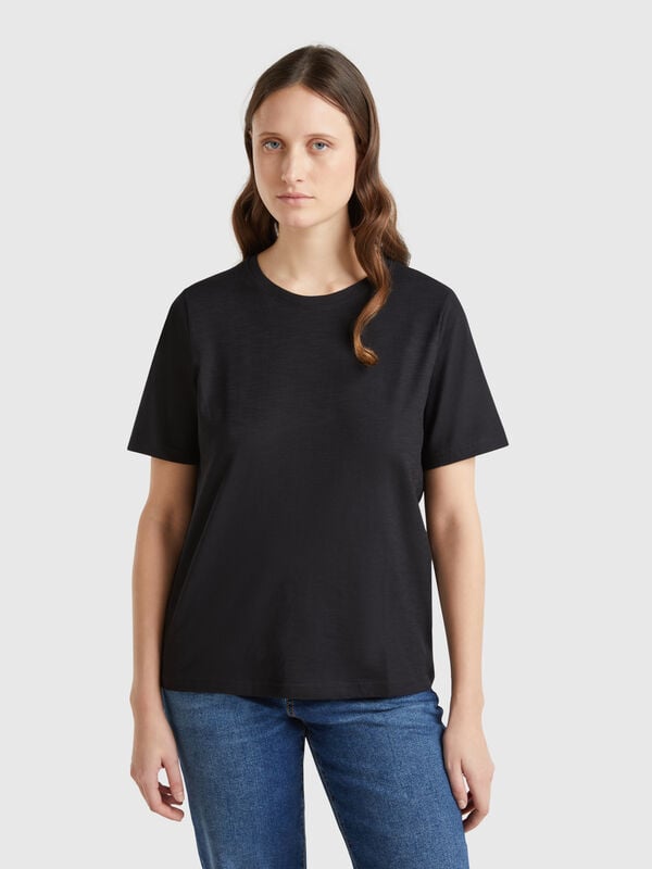 T-shirt girocollo in cotone fiammato Donna