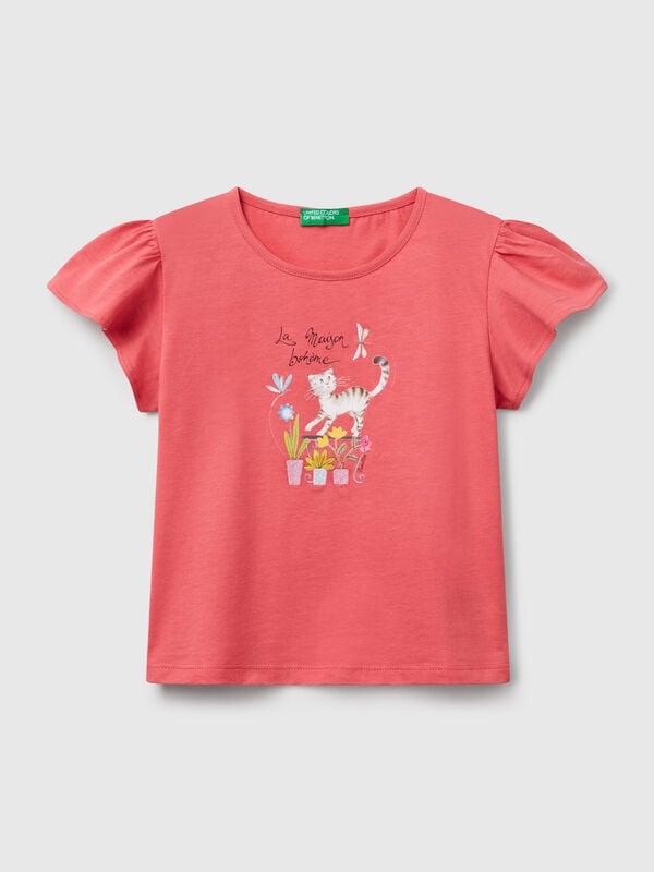 T-shirt con stampa e ricamo Bambina