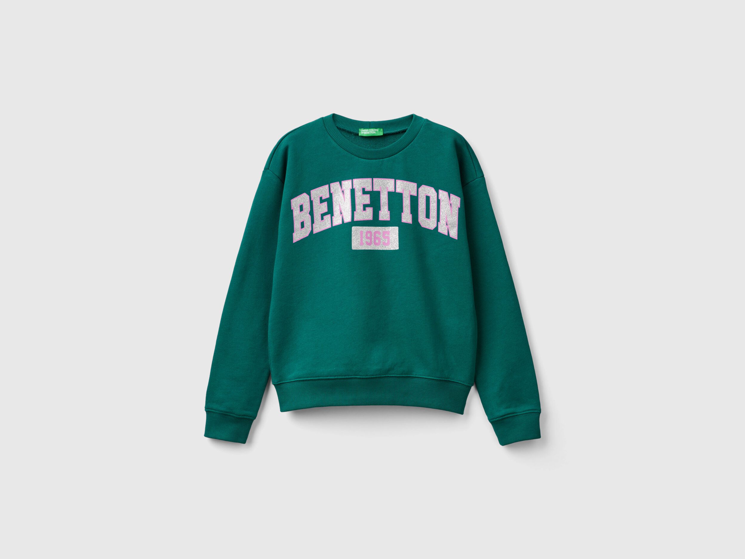 Felpa 100 cotone con logo glitter Verde Scuro Benetton