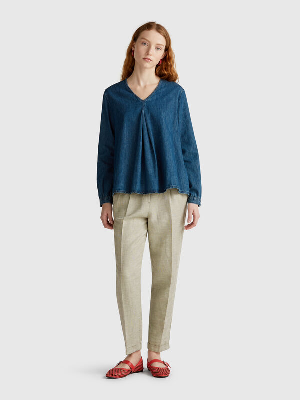 Pantaloni a quadri in misto lino Donna