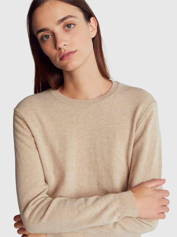 Maglia girocollo beige in pura lana Merino Donna