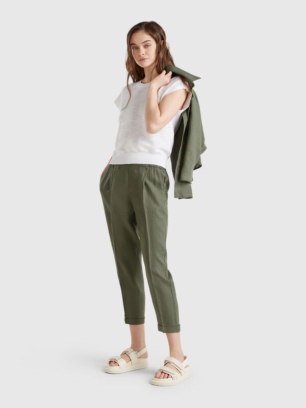 Pantaloni cropped in 100% lino Donna
