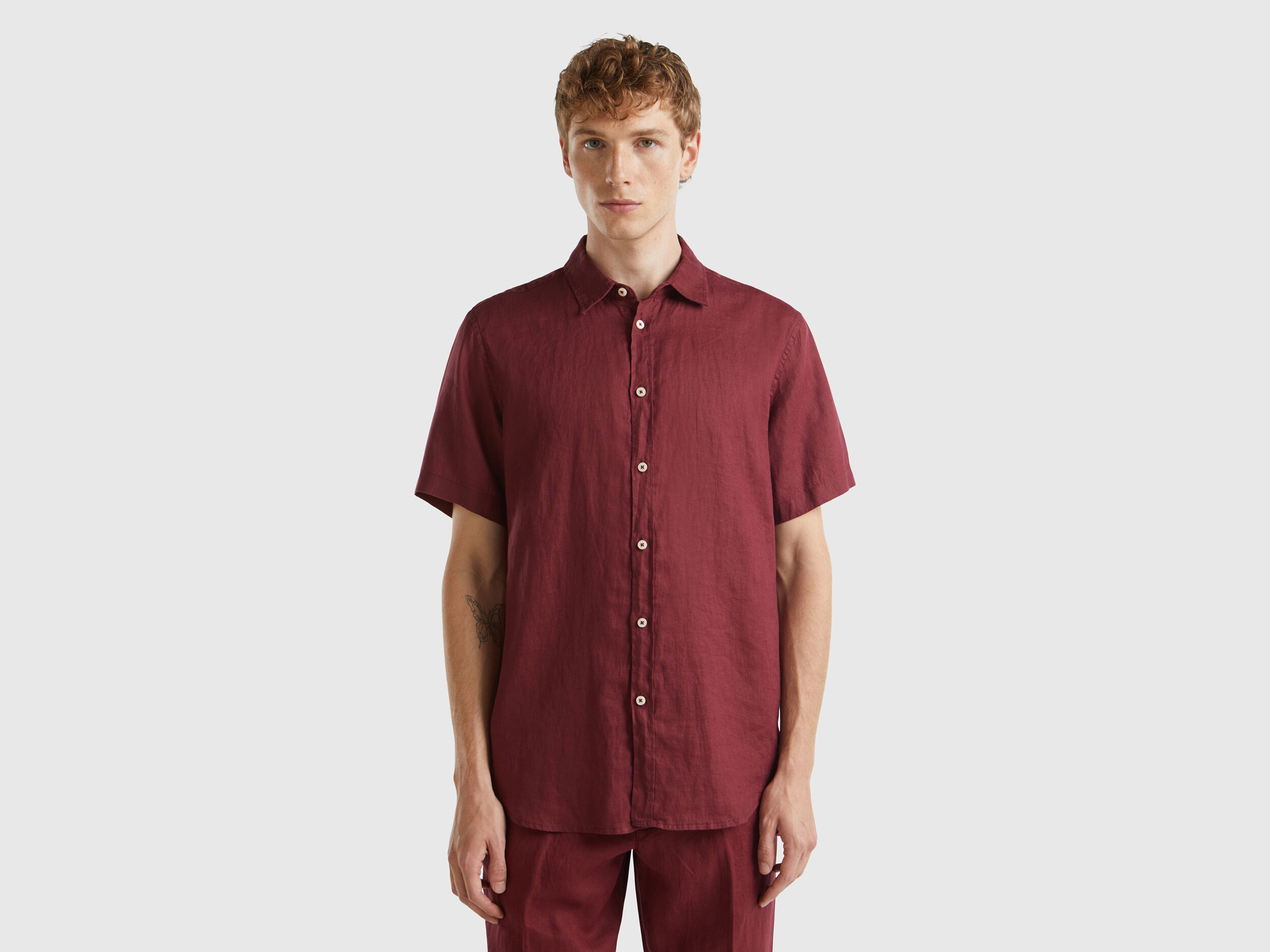 Camicia a manica corta in puro lino Bordeaux Benetton