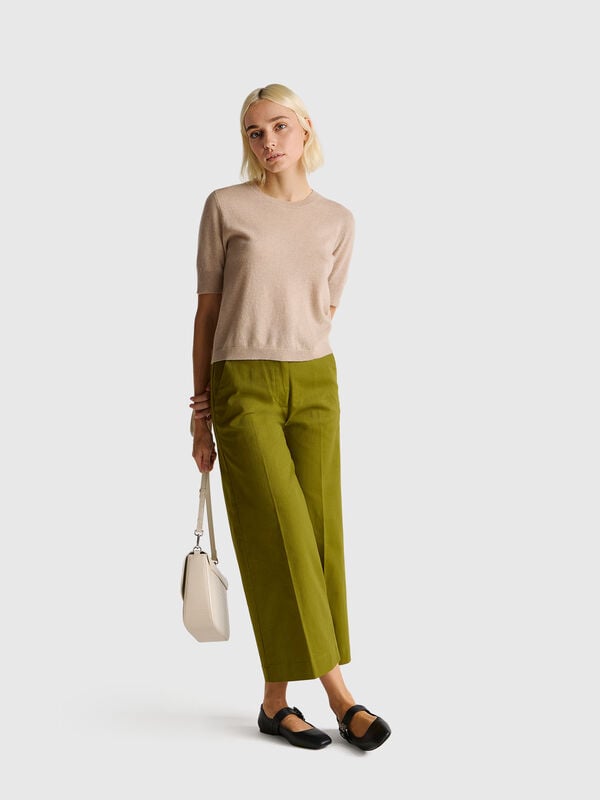 Maglia manica corta beige in pura lana Merino Donna