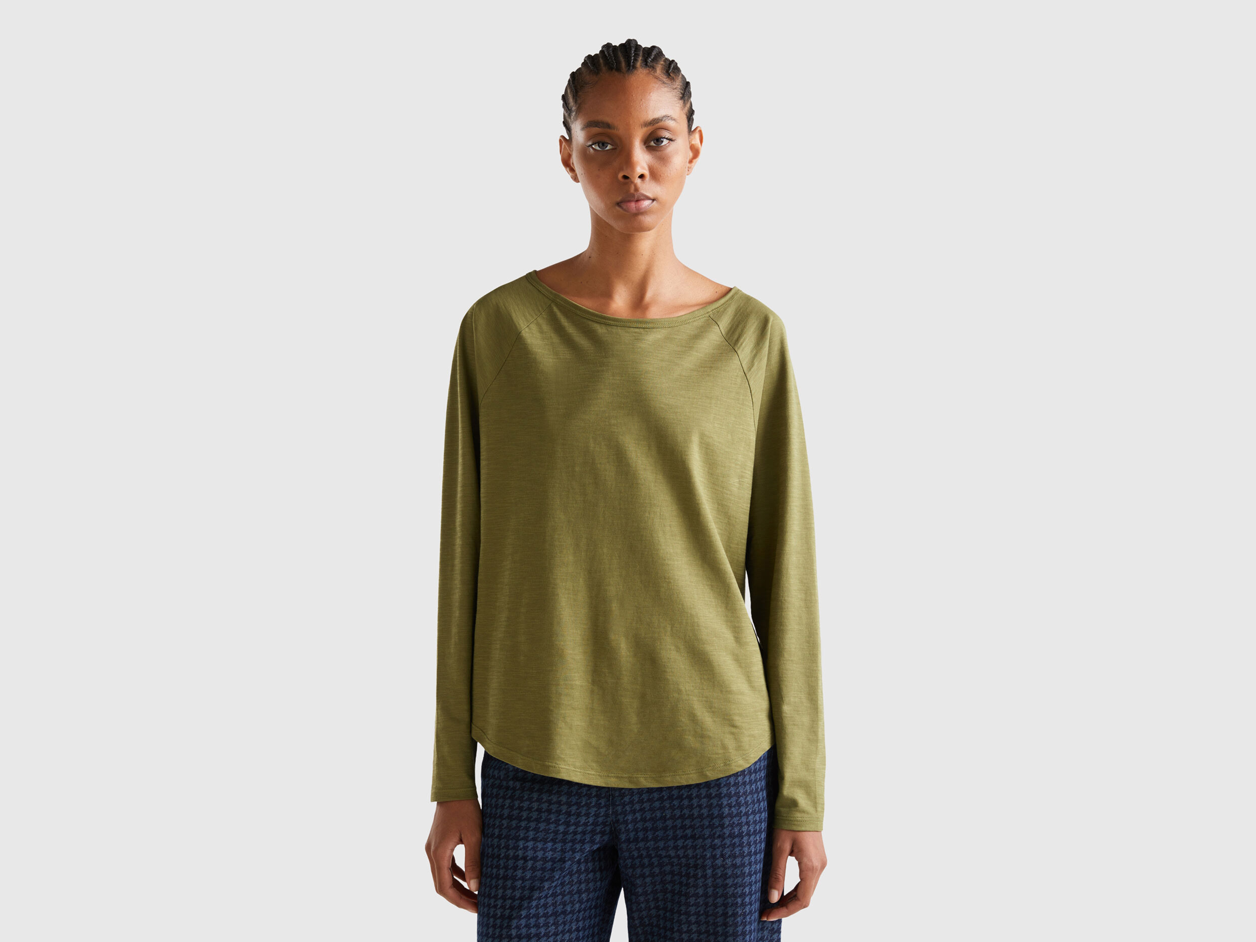 T shirt manica lunga in puro cotone Verde Militare Donna Benetton