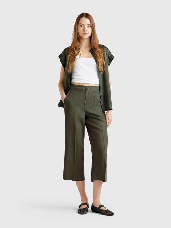 Pantaloni cropped in puro lino Donna