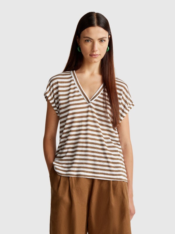 Maglietta a righe in misto lino Donna