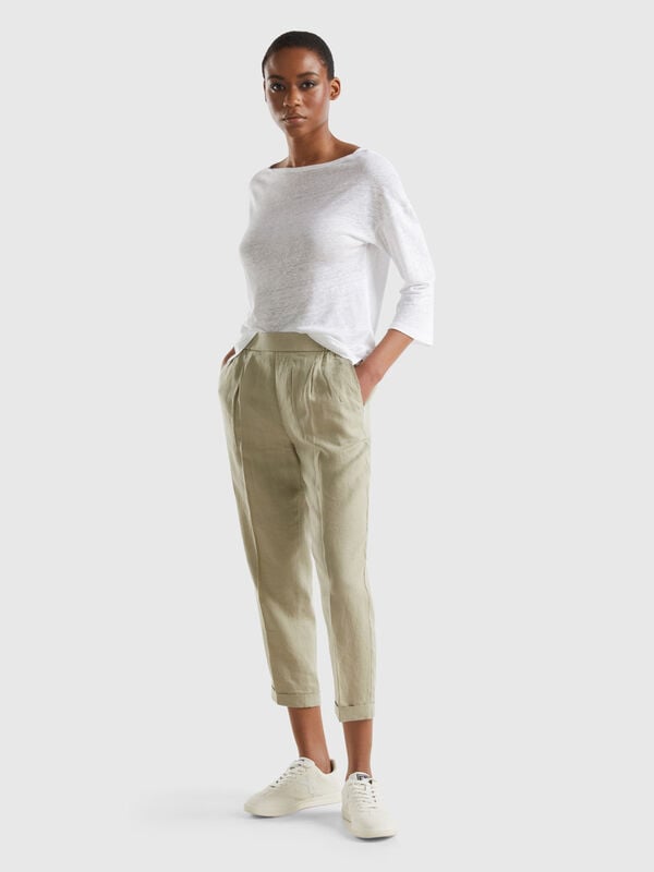 Pantaloni cropped in 100% lino Donna