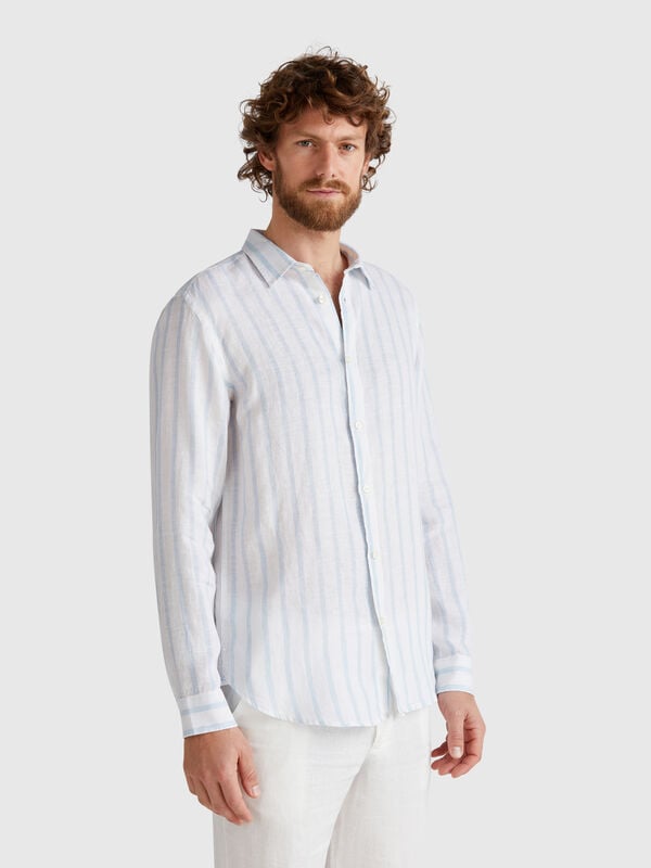 Camicia a righe celesti e bianche in puro lino Uomo