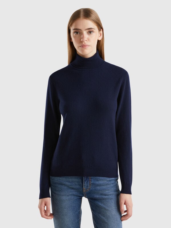 Maglione dolcevita blu scuro in pura lana Merino Donna