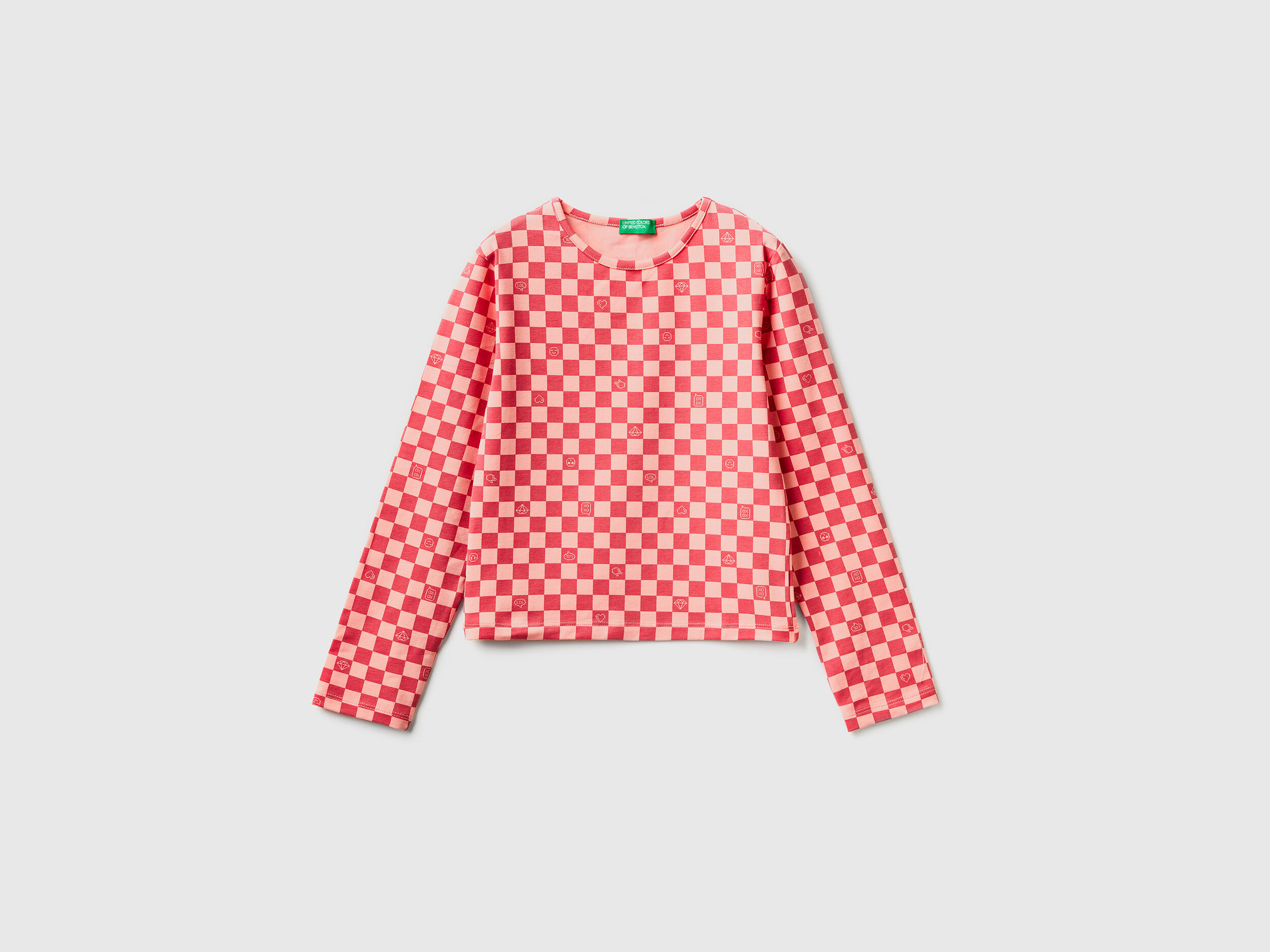 Maglietta a scacchi in cotone stretch Rosso Bambina Benetton