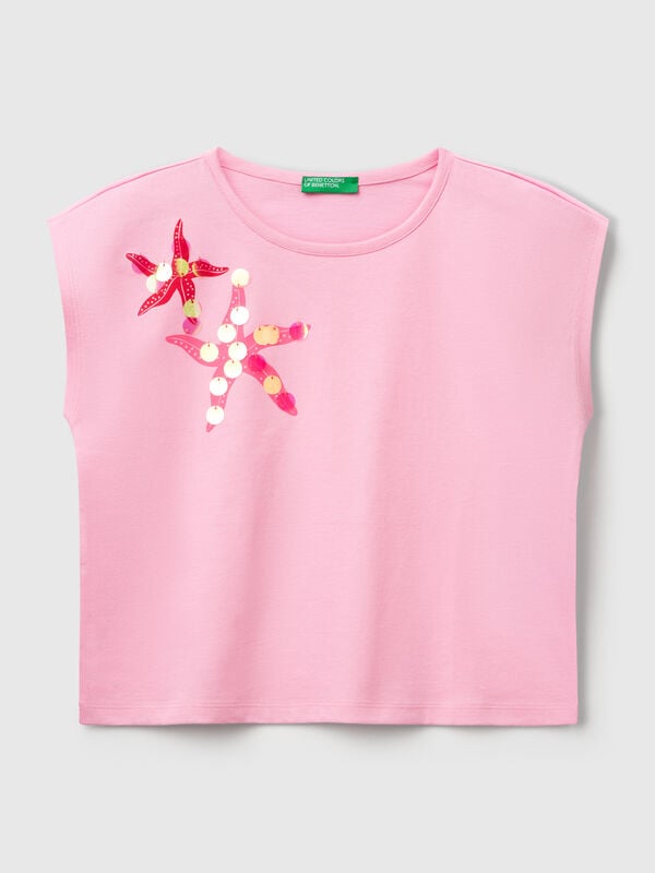 T-shirt con stampa e paillettes Bambina