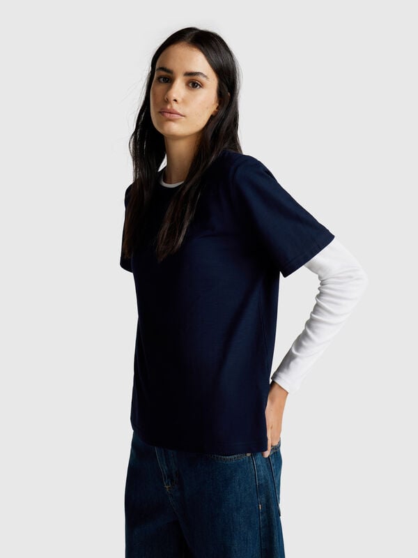 T-shirt girocollo in cotone fiammato Donna