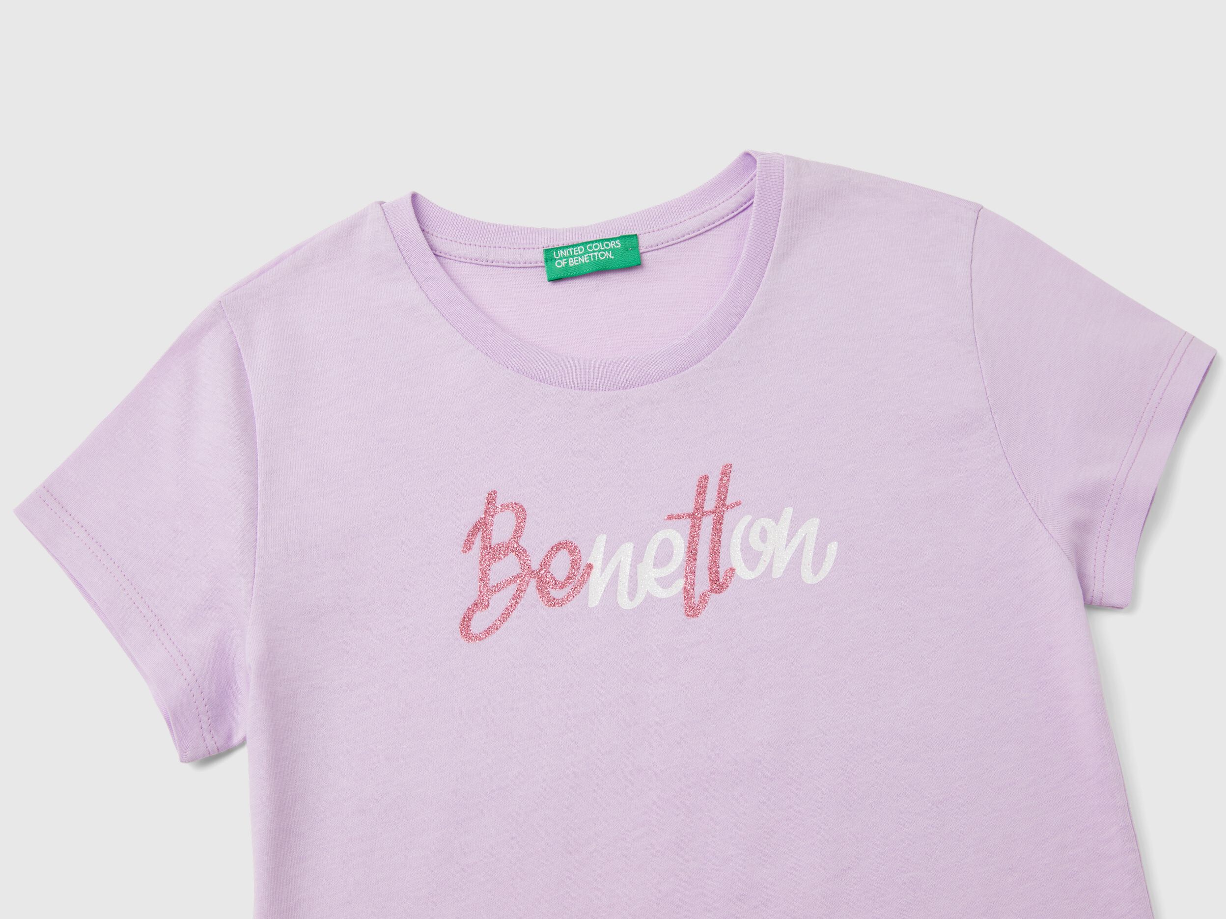 T shirt con logo glitter in cotone bio Lilla Benetton