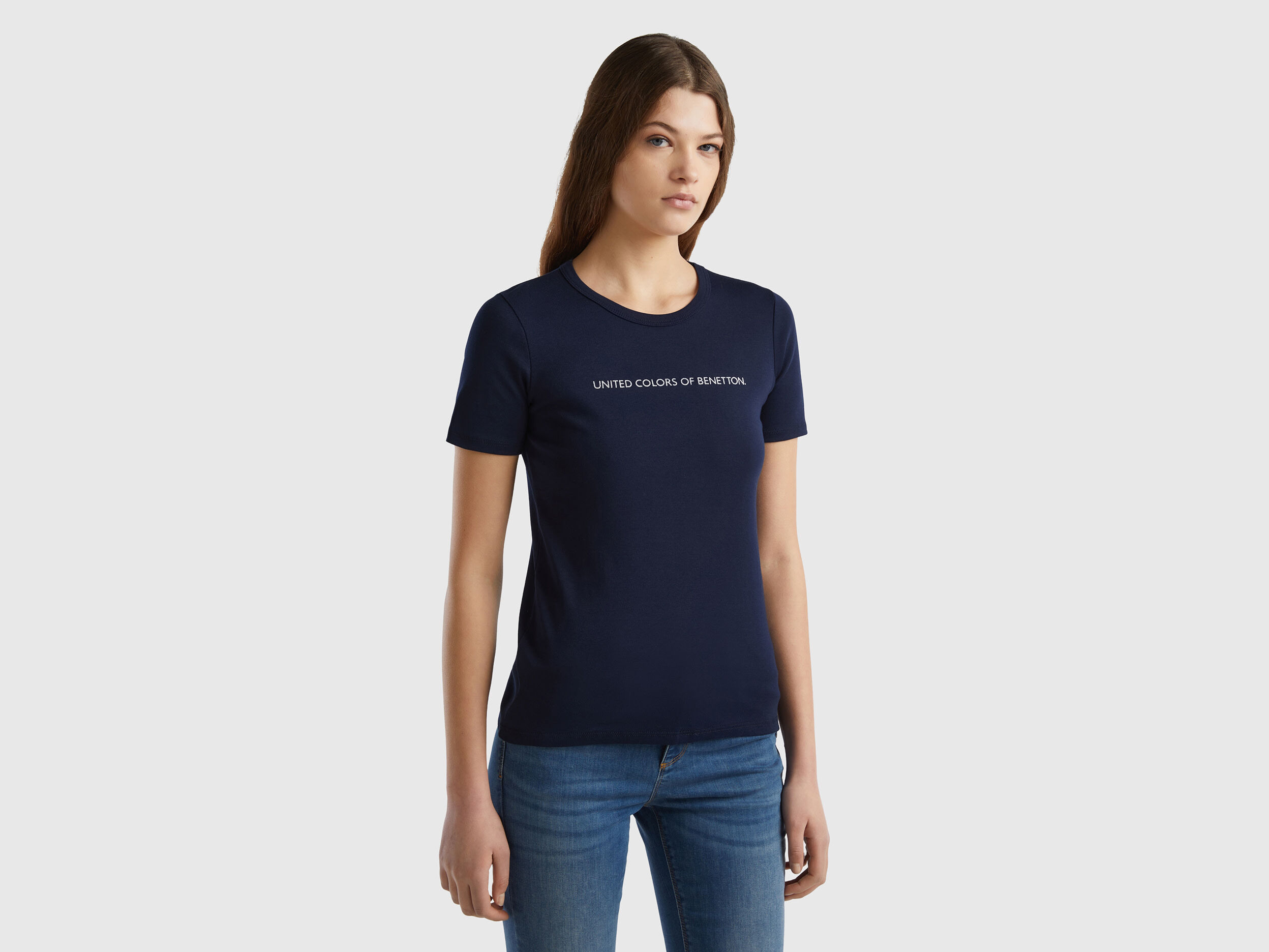 T shirt 100 cotone con stampa logo glitter Blu Scuro Benetton