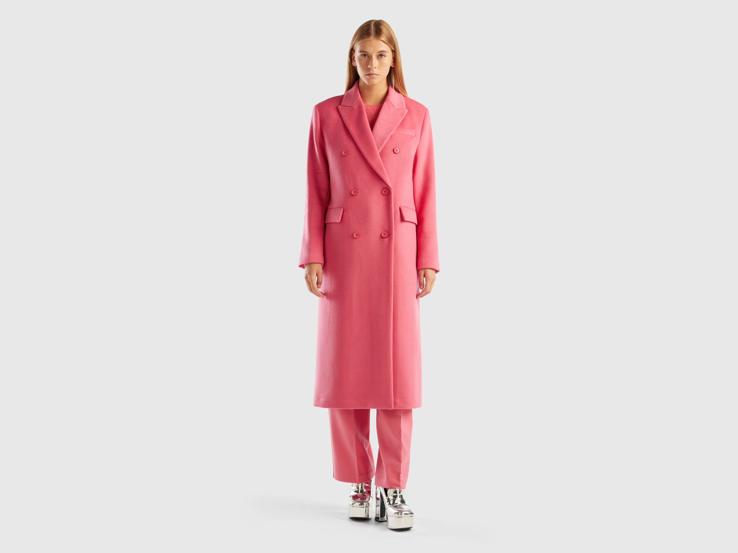 Cappotto doppiopetto in misto lana Rosa Donna Benetton