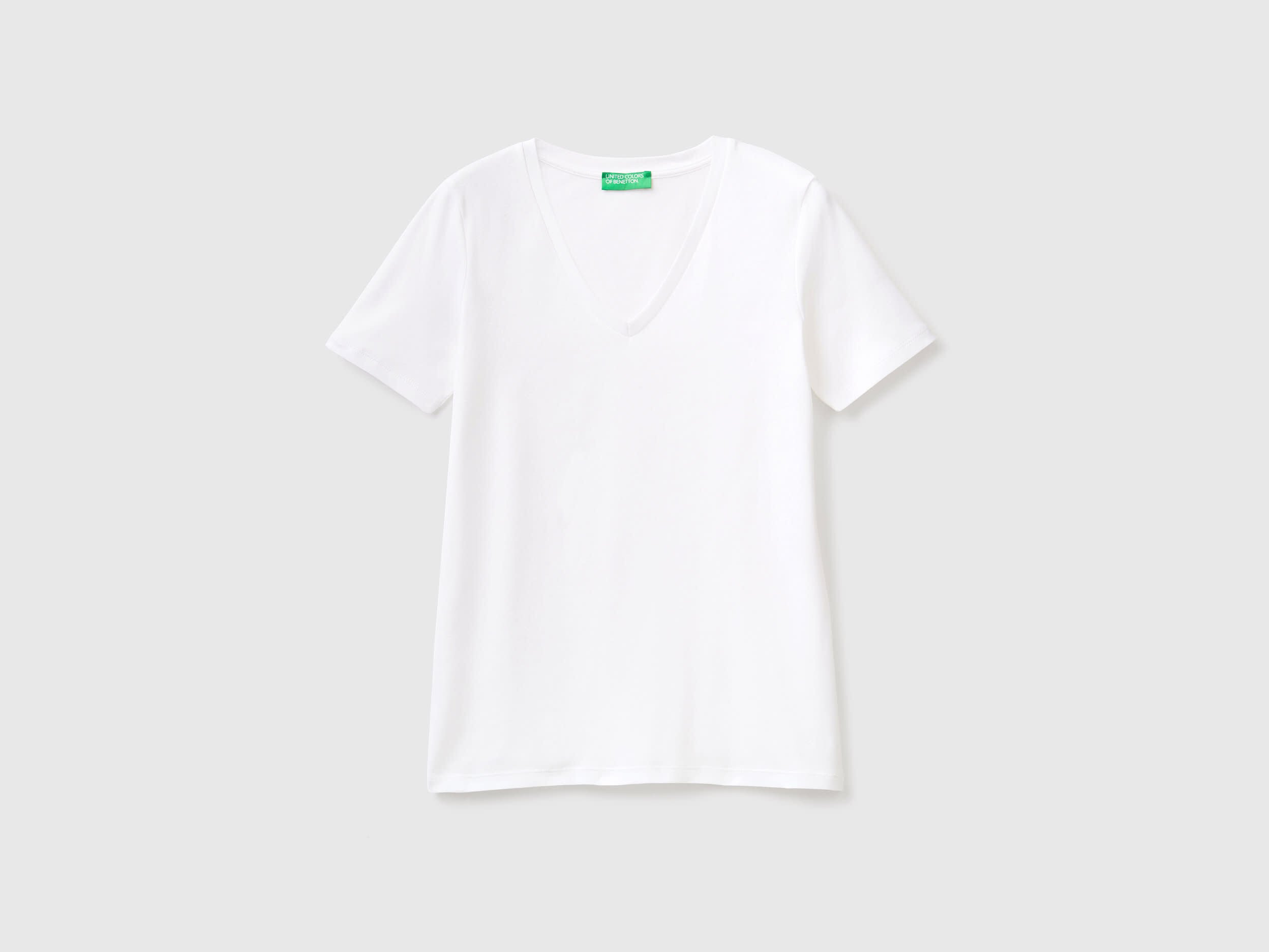 T shirt in puro cotone con scollo a V Bianco Benetton