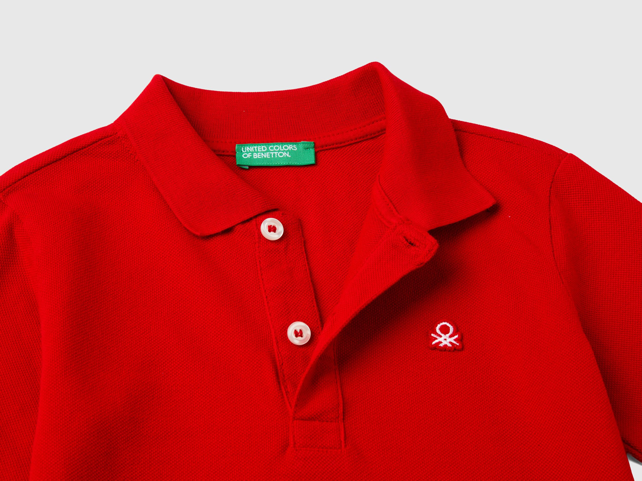 Polo manica lunga in cotone biologico Rosso Benetton