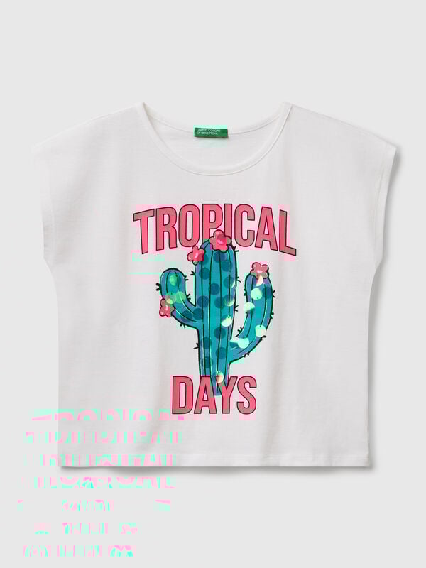 T-shirt con stampa e paillettes Bambina