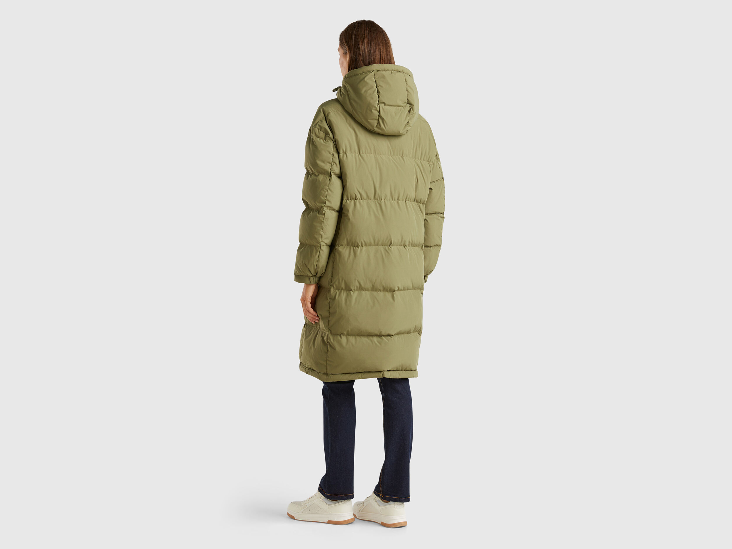 Piumino lungo imbottito con piuma riciclata Verde Militare Benetton