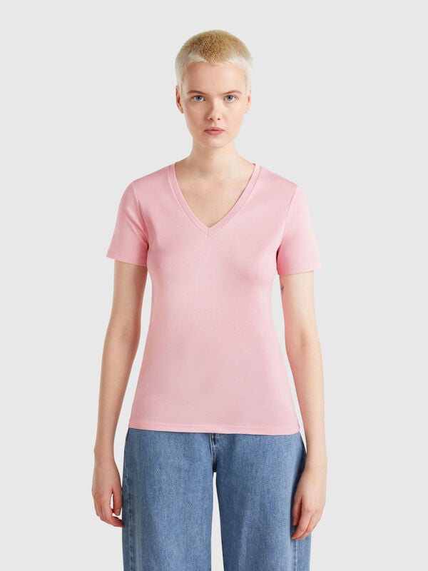 T-shirt rosa in puro cotone con scollo a V Donna