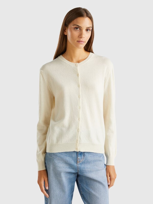 Cardigan girocollo panna in pura lana Merino Donna