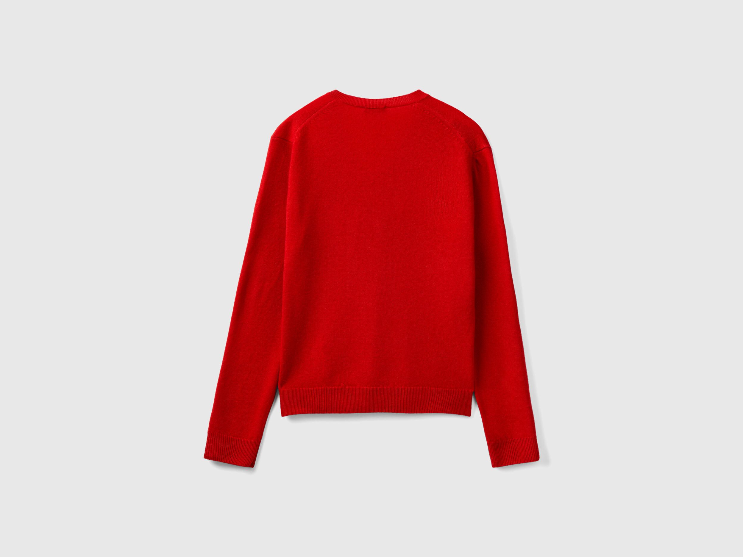 Maglia con scollo a V rossa in pura lana Merino Rosso Donna Benetton