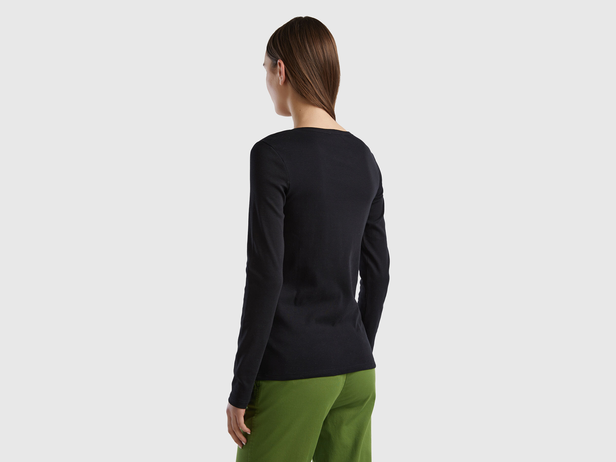 T shirt nera a manica lunga 100 cotone Nero Benetton