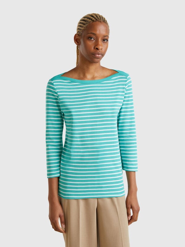 T-shirt manica 3/4 a righe in puro cotone Donna